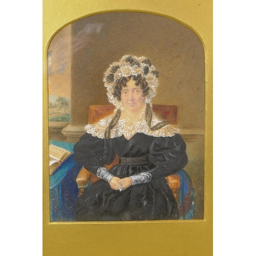 896 - A pair of C19th miniature portraits, seated ladies, 17 x 12cm