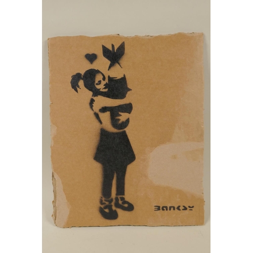 897 - After Banksy, Bomb Love - Dismaland Enjoy your Free Art, stencil on corrugated cardboard, 23 x 28cm,... 