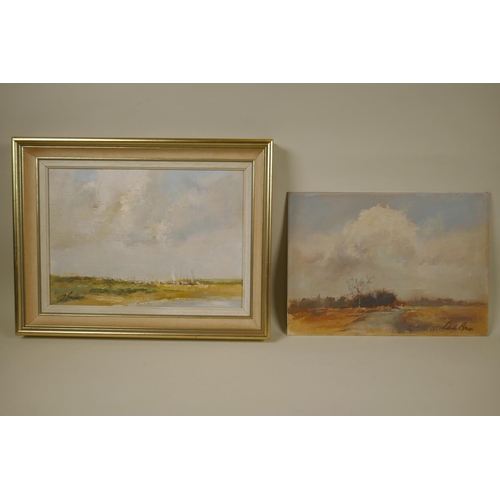 899 - Derek Brown, Sailing Boats Blakeney, inscribed verso, and a Norfolk landscape, both signed, oils on ... 