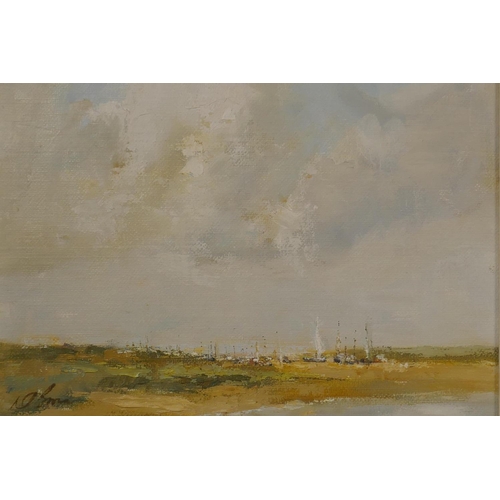 899 - Derek Brown, Sailing Boats Blakeney, inscribed verso, and a Norfolk landscape, both signed, oils on ... 