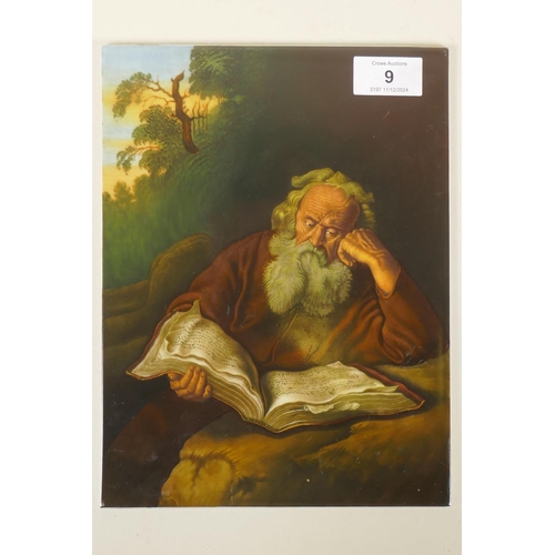 9 - After Salomon Koninck, 'Der Eremit', the Hermit, Continental hand painted porcelain tile, 19.5 x 25.... 