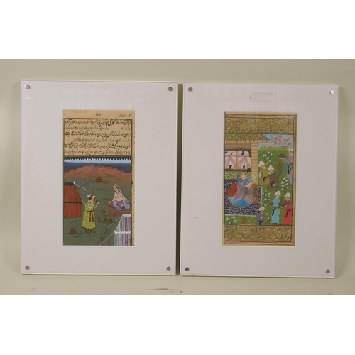 908 - A pair of Persian illuminated miniature paintings, 11 x 21cm