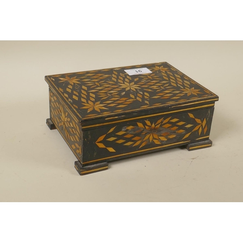 91 - A straw work inlaid box, 21 x 15 x 8cm