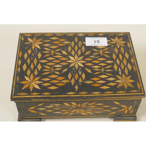 91 - A straw work inlaid box, 21 x 15 x 8cm