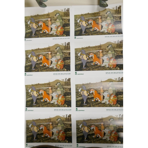 910 - A set of eight Banksy Save or Delete stickers and two posters after the artist, and a Damned music p... 