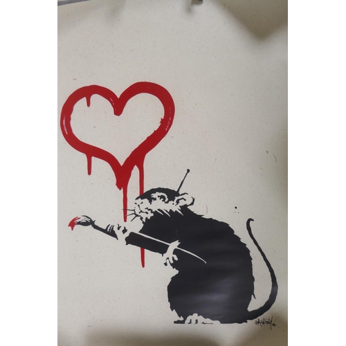 910 - A set of eight Banksy Save or Delete stickers and two posters after the artist, and a Damned music p... 