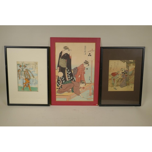 911 - Three Japanese Meiji Ukiyo-e wood block prints, Utagawa Kuninao II 'Kintaro' (Golden Boy) 13 x 20cm;... 