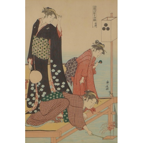 911 - Three Japanese Meiji Ukiyo-e wood block prints, Utagawa Kuninao II 'Kintaro' (Golden Boy) 13 x 20cm;... 