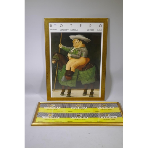 912 - After Fernando Botero, La Corrida, colour print, 99x  68cm (glass cracked), and a framed advert... 