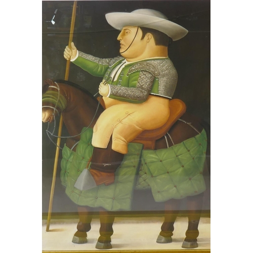 912 - After Fernando Botero, La Corrida, colour print, 99x  68cm (glass cracked), and a framed advert... 