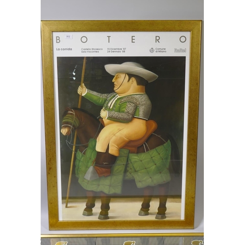 912 - After Fernando Botero, La Corrida, colour print, 99x  68cm (glass cracked), and a framed advert... 