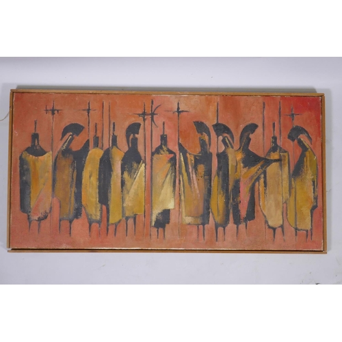 913 - The Greeks, mid C20th, unsigned, inscribed to the stretcher, oil on canvas, 92 x 46cm