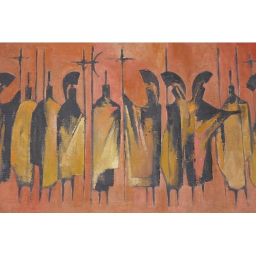 913 - The Greeks, mid C20th, unsigned, inscribed to the stretcher, oil on canvas, 92 x 46cm