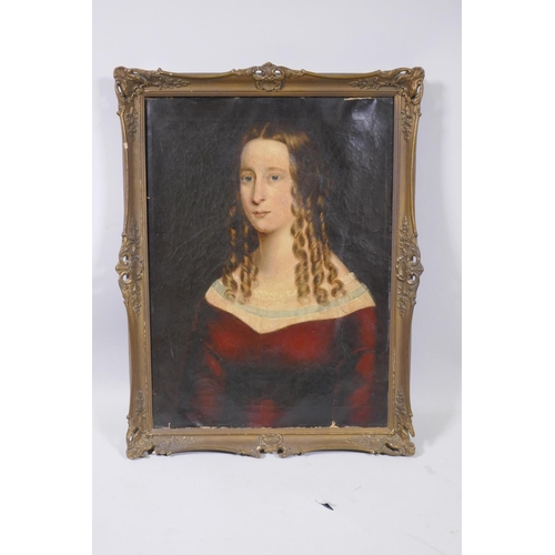 916 - Portrait of a woman in a red woman, mid C19th, unsigned, attached to a later stretcher, oil on canva... 