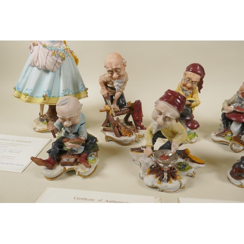 98 - A set of eight Capodimonte porcelain figures of Snow White and the Seven Dwarfs, 30cm high, some wit... 