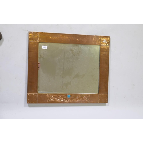 1003 - Arts & Crafts copper wall mirror with inset enamel decoration, probably Liberty & Co, 66 x 5... 