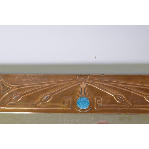 1003 - Arts & Crafts copper wall mirror with inset enamel decoration, probably Liberty & Co, 66 x 5... 