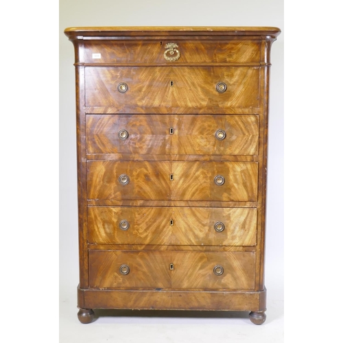 1010 - C19th French figured mahogany tall chest, with moulded frieze drawer over five more, raised on turne... 