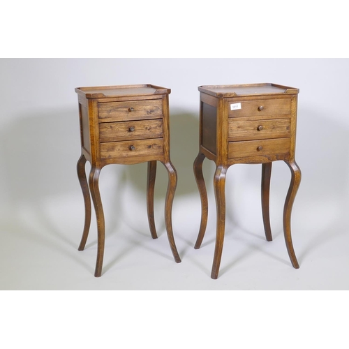 1011 - Pair of stained beech French style bedside chests, with galleried tops and three drawers, raised on ... 