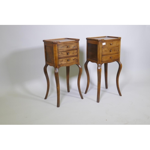 1011 - Pair of stained beech French style bedside chests, with galleried tops and three drawers, raised on ... 