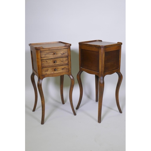 1011 - Pair of stained beech French style bedside chests, with galleried tops and three drawers, raised on ... 