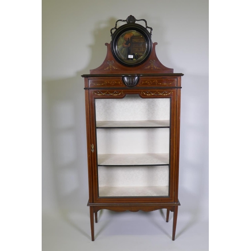 1013 - A late Victorian mahogany display cabinet, with inlaid and painted decoration, mirror backed top ove... 