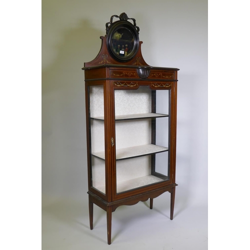 1013 - A late Victorian mahogany display cabinet, with inlaid and painted decoration, mirror backed top ove... 