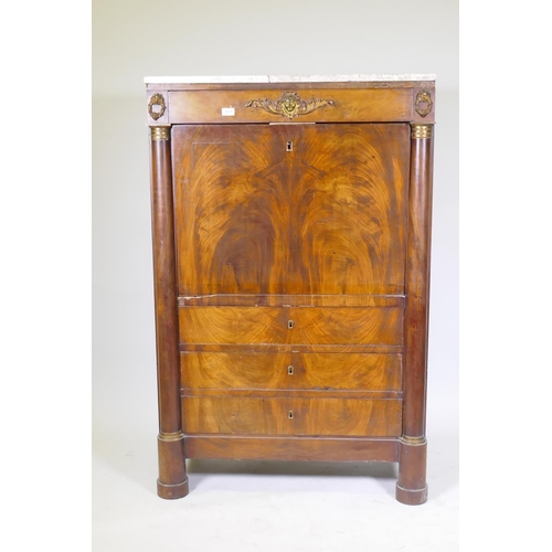 1015 - C19th French figured mahogany Empire style secretaire a abattant, with ormolu mounts and marble top,... 