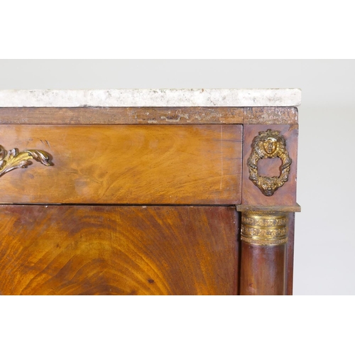 1015 - C19th French figured mahogany Empire style secretaire a abattant, with ormolu mounts and marble top,... 