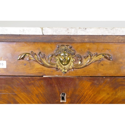 1015 - C19th French figured mahogany Empire style secretaire a abattant, with ormolu mounts and marble top,... 