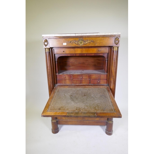 1015 - C19th French figured mahogany Empire style secretaire a abattant, with ormolu mounts and marble top,... 