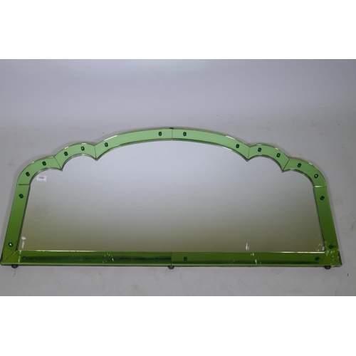 1066 - Art Deco overmantel mirror with sectional green glass border, 123 x 61cm