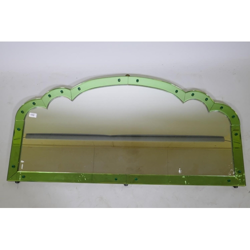 1066 - Art Deco overmantel mirror with sectional green glass border, 123 x 61cm