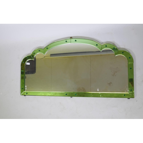 1066 - Art Deco overmantel mirror with sectional green glass border, 123 x 61cm