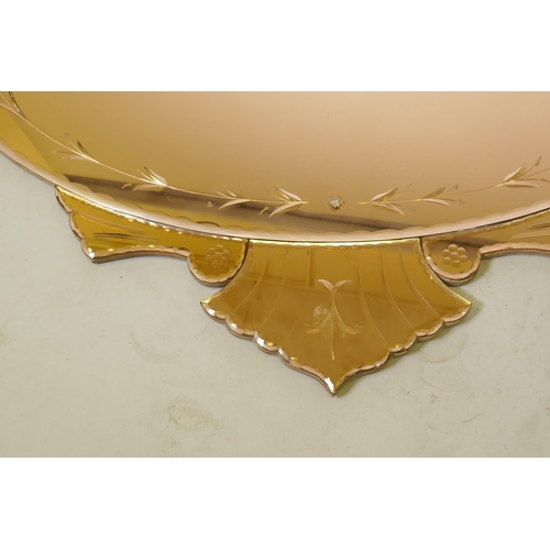 1068 - 1930/50s rose glass Art deco style wall mirror with engraved designs, 106cm wide, 97cm high