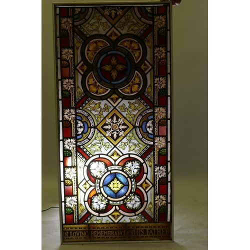 1070 - Architectural Salvage: a near pair of Victorian stained glass panels, one inscribed 'in remembrance ... 