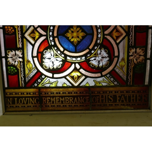 1070 - Architectural Salvage: a near pair of Victorian stained glass panels, one inscribed 'in remembrance ... 