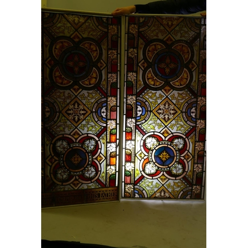 1070 - Architectural Salvage: a near pair of Victorian stained glass panels, one inscribed 'in remembrance ... 