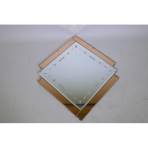 1076 - Art Deco/mid C20th etched and cut glass wall mirror, 56 x 56cm