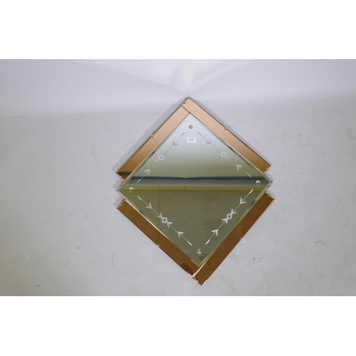 1076 - Art Deco/mid C20th etched and cut glass wall mirror, 56 x 56cm