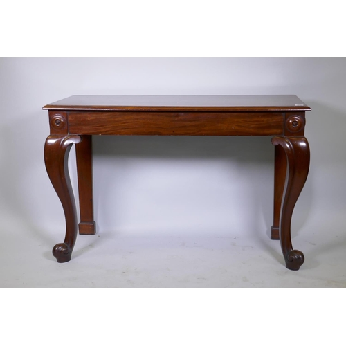 1078 - Early C19th mahogany serving table, wit plain frieze raised on cabriole supports with scroll ends, 1... 