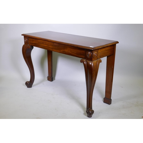 1078 - Early C19th mahogany serving table, wit plain frieze raised on cabriole supports with scroll ends, 1... 