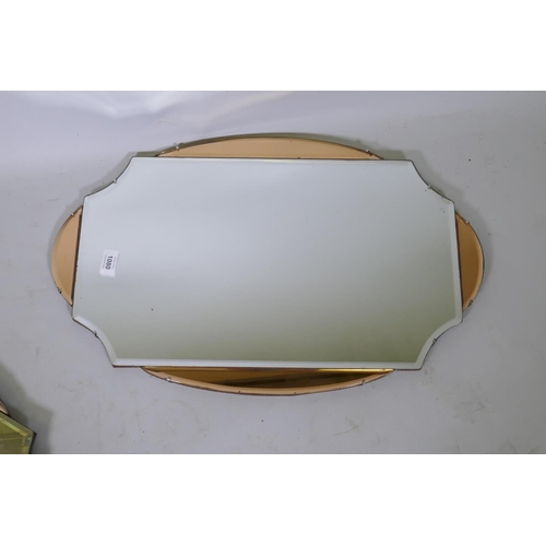 1080 - A pair of Art Deco wall mirrors with rose coloured borders, 64 x 41cm