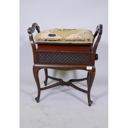 1086 - A Victorian rise and fall mahogany piano stool, raised on cabriole supports, 56 x 42 x 64cm