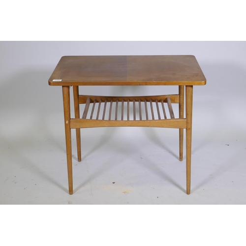 1100 - A mid century walnut side table with slatted under tier, 70 x 44 x 62cm