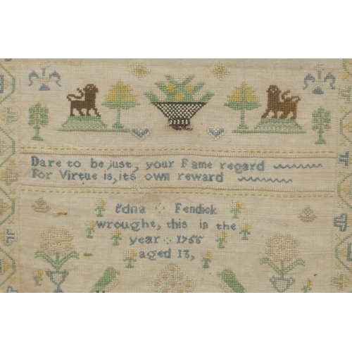 13 - C18th sampler by Edna Fendick, '...wrought this in the year 1755, aged 13', 22 x 29cm