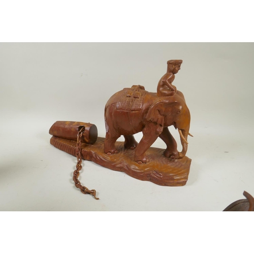 250 - Four oriental carved hardwood figures of fishermen, immortals and a figure riding animals, AF, losse... 