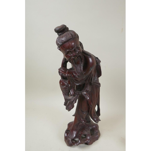 250 - Four oriental carved hardwood figures of fishermen, immortals and a figure riding animals, AF, losse... 