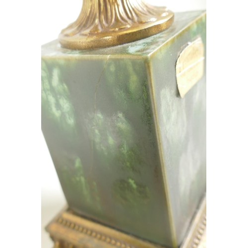 29 - Pair of green glazed porcelain table lamps with gilt metal mounts, one AF - cracked, 67cm high