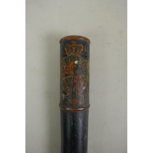 38 - A George III ebonised wood police truncheon, painted with the Royal Coat of Arms, 37cm long